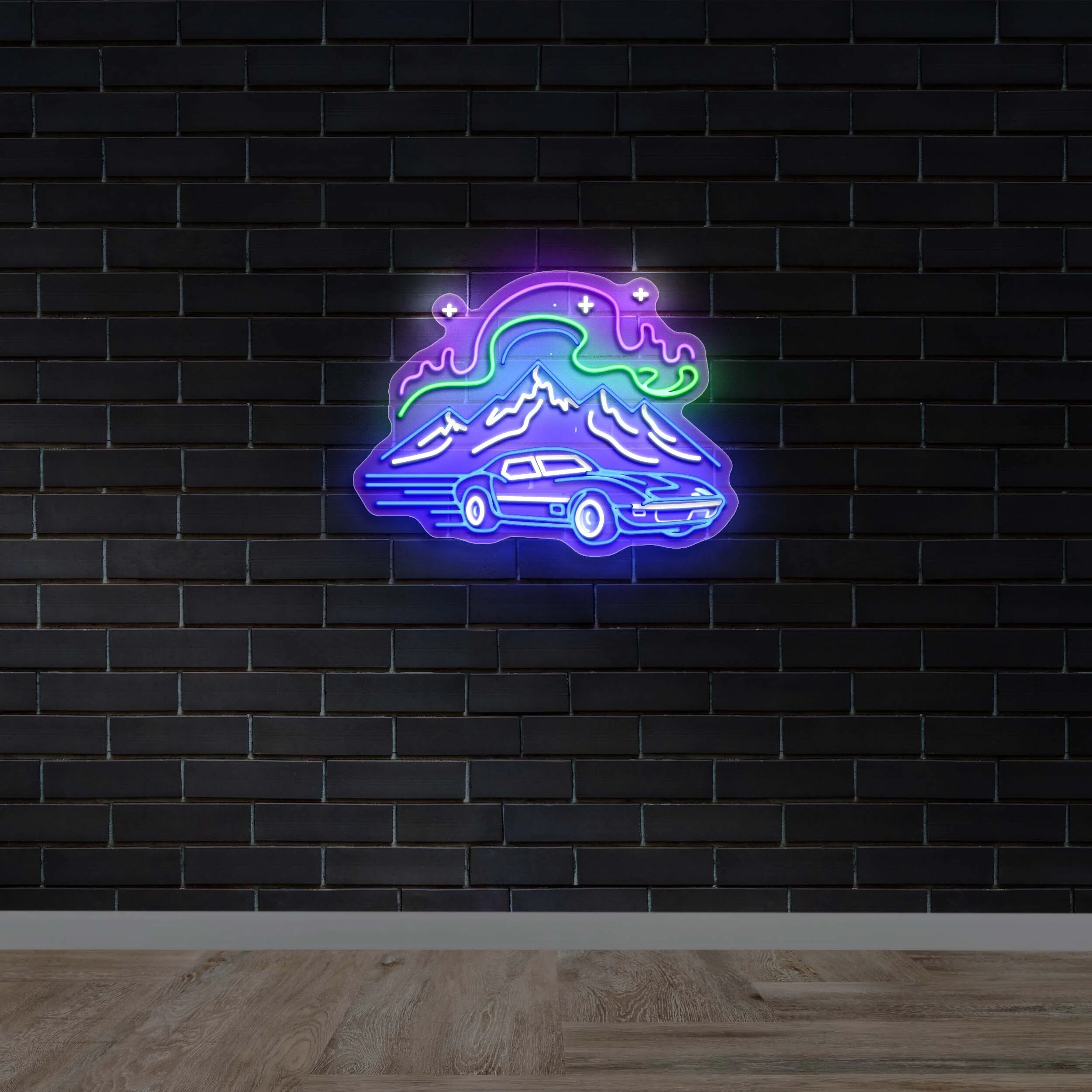 Blue Corvette Drift Under Northern Lights - Premium Neon Artwork